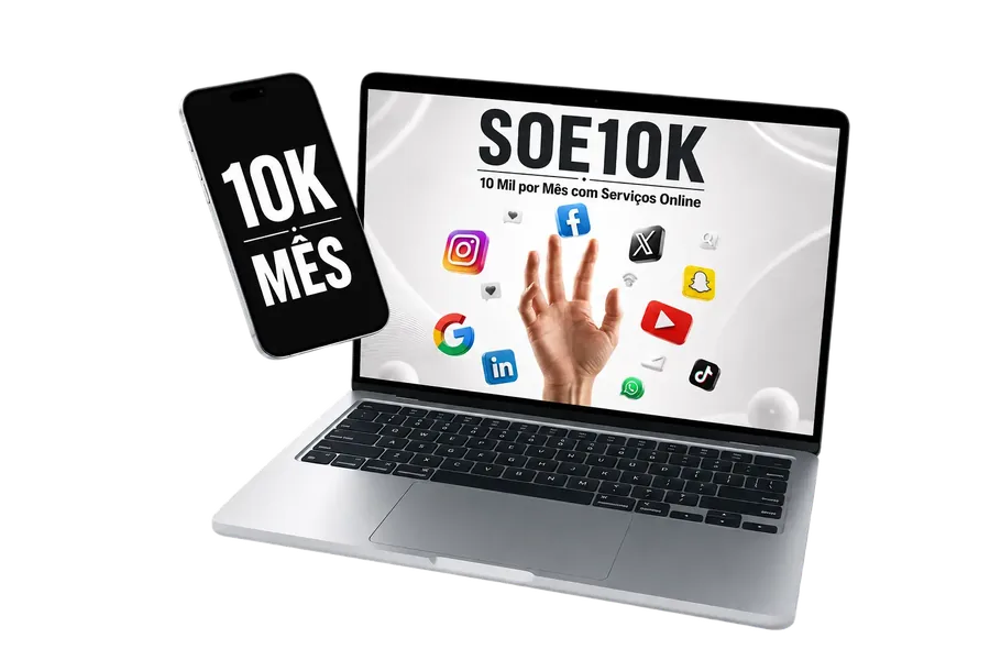 Notebook e celular exibindo a capa do guia SOE10K, com ícones de redes sociais e a meta de R$10 mil por mês